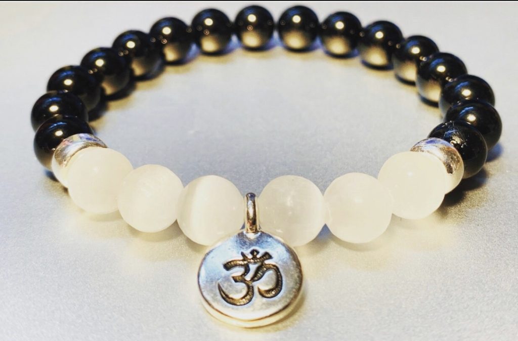 Selenite and Black Tourmaline Bracelet with silver spacers Crystal Garden Metaphysical Shop