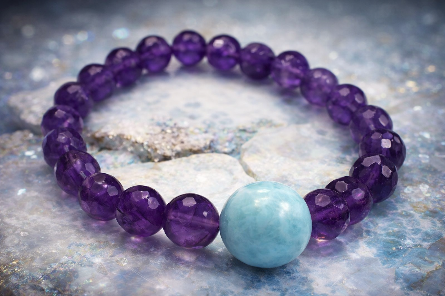 Larimar with Amethyst 8mm Bracelet - Crystal Garden Metaphysical